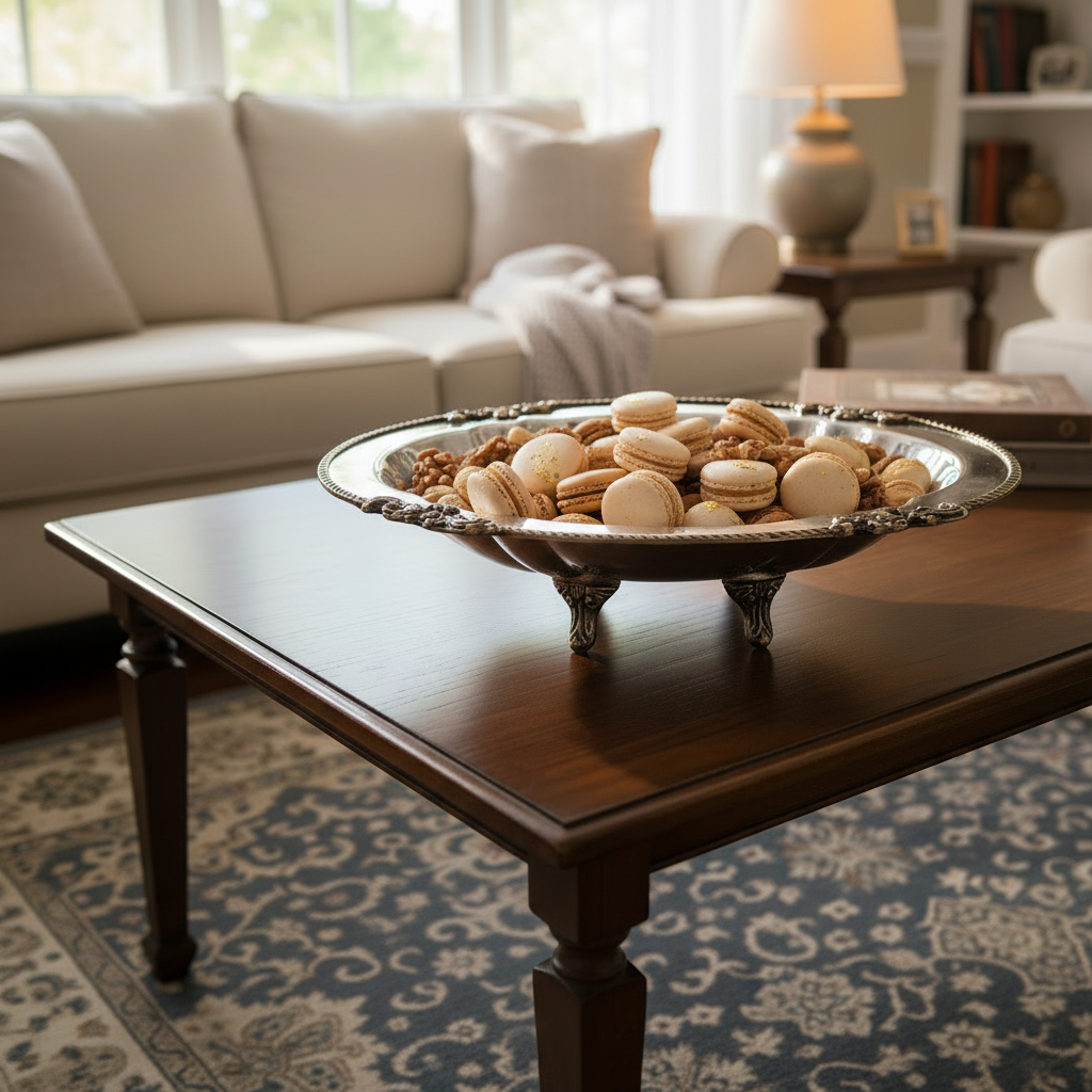 A living room with a wooden table holding a silver tray of macarons.