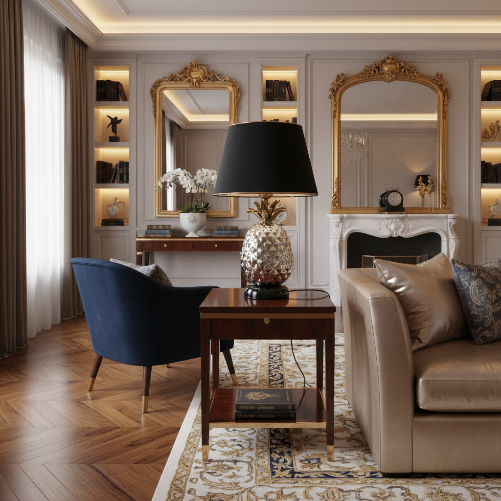A living room with ornate mirrors, a luxurious beige sofa, and more.