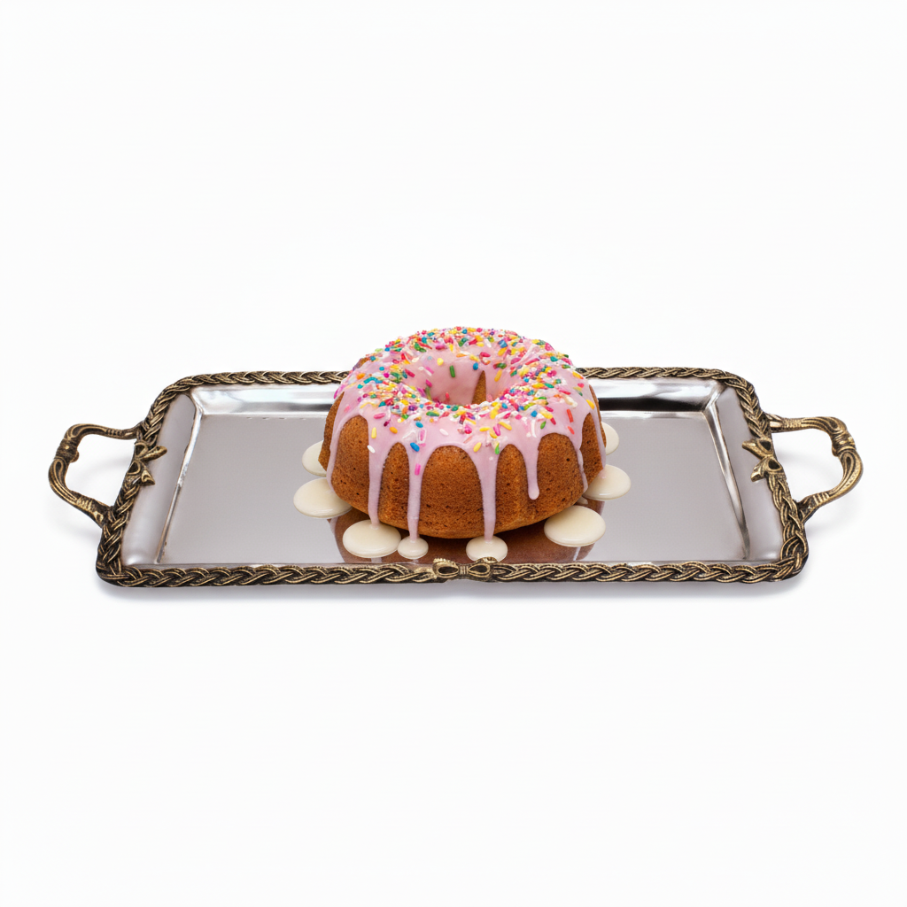 Cinnamon roll on a decorative metal tray with a white background