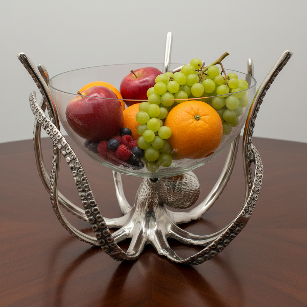 Decorative glass bowl with silver octopus-like structure | Aluminum | 310006