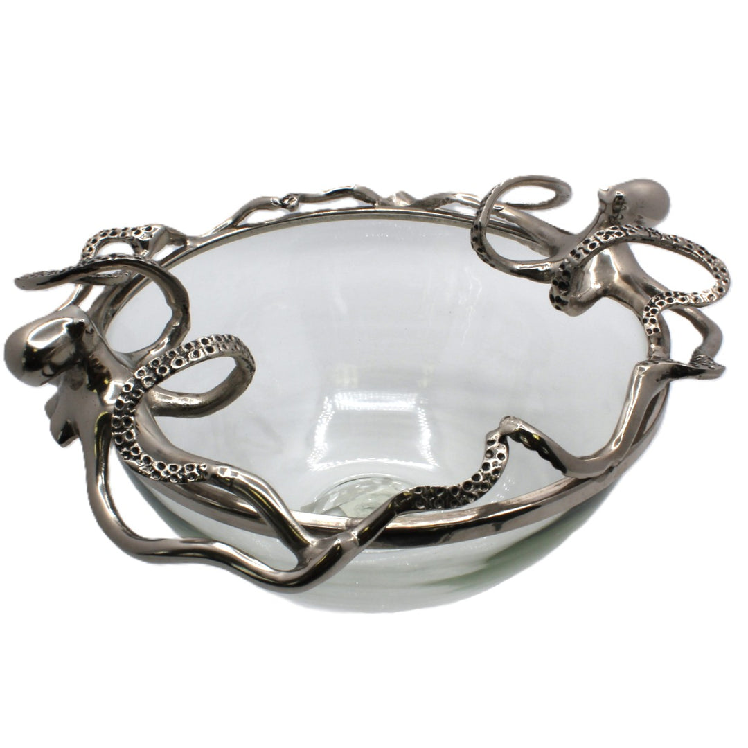 Clear glass bowl with silver decorative octopus | Aluminum | 310011