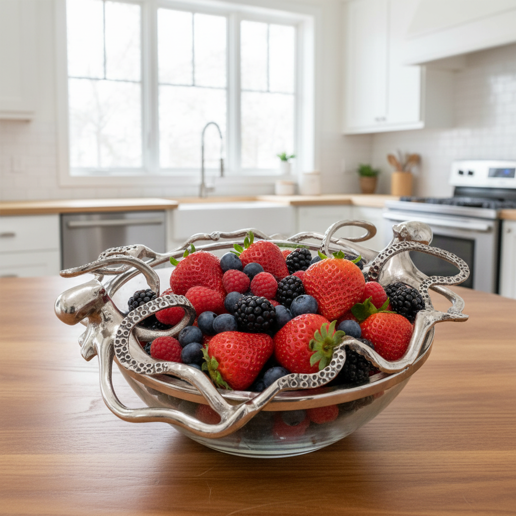 Decorative glass bowl with metal octopus design | Aluminum | 310011