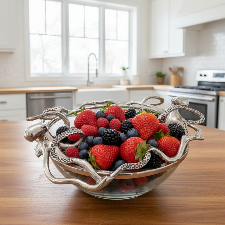 Decorative glass bowl with metal octopus design | Aluminum | 310011