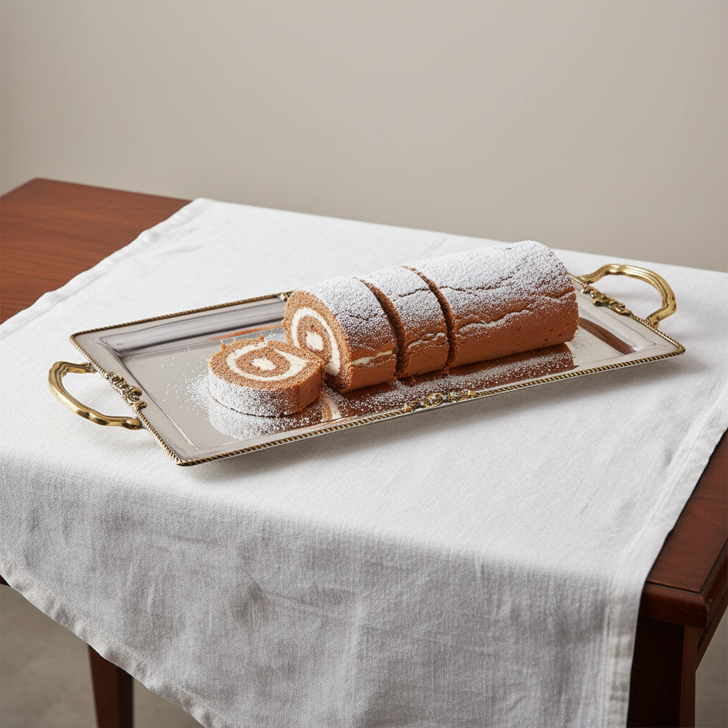 A sliced Swiss roll cake dusted with powdered sugar on a silver tray.