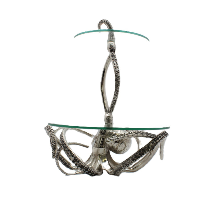 Two-tiered glass serving tray with decorative metal base |Aluminum | 310007