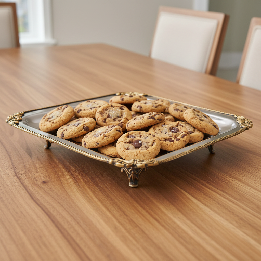 A platter of fresh chocolate chip cookies on a wooden dining table.