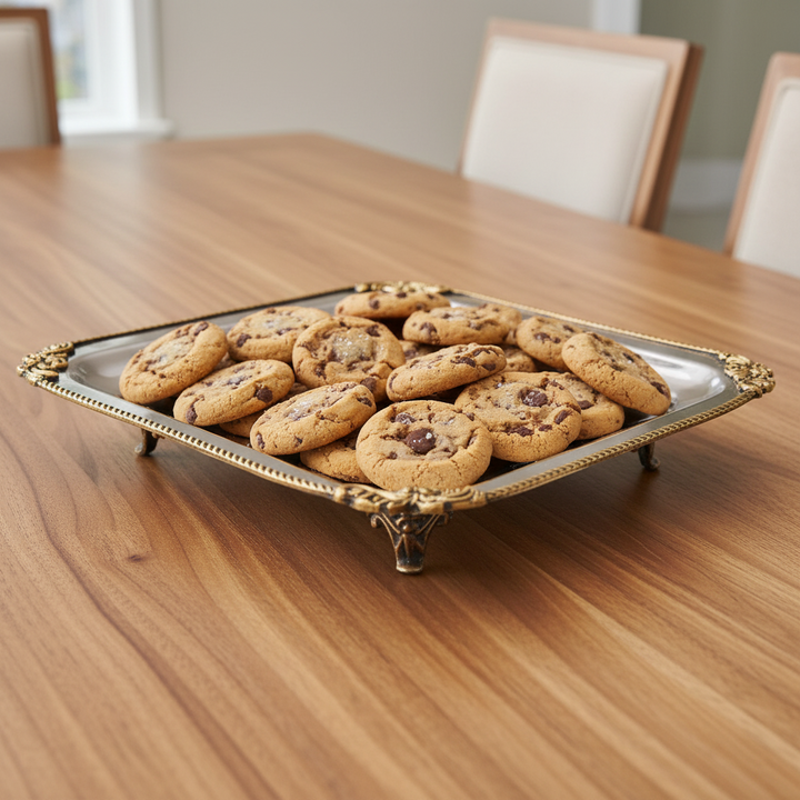 A platter of fresh chocolate chip cookies on a wooden dining table.