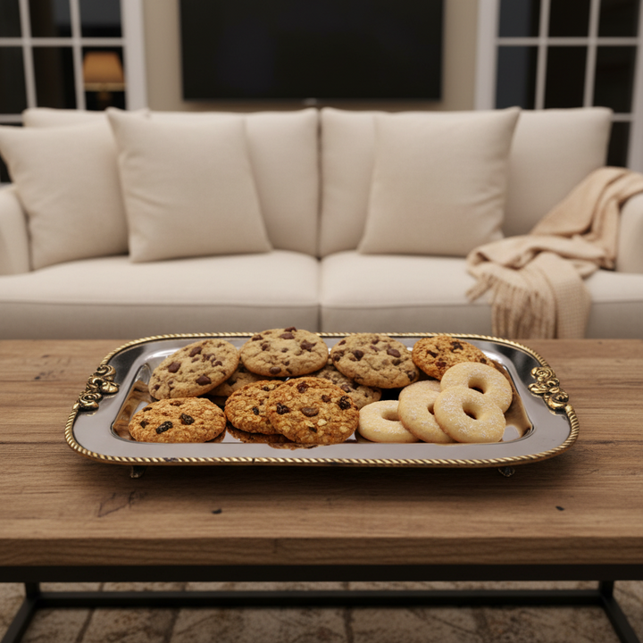 A tray of chocolate chip and sugar rings sits on a wooden table.