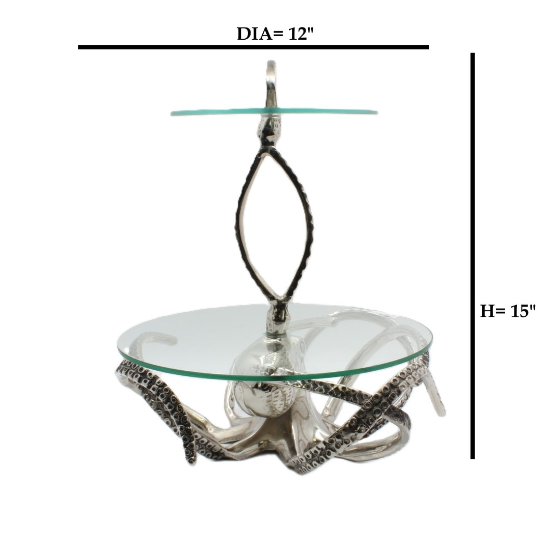 Two-tiered glass serving tray with decorative metal base |Aluminum | 310007