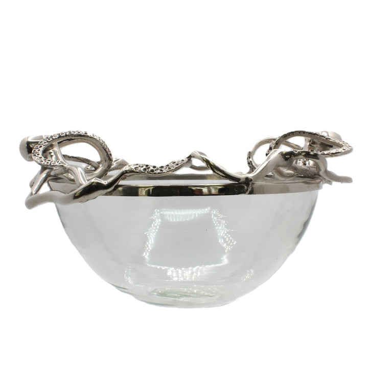Clear glass bowl with silver decorative octopus | Aluminum | 310011