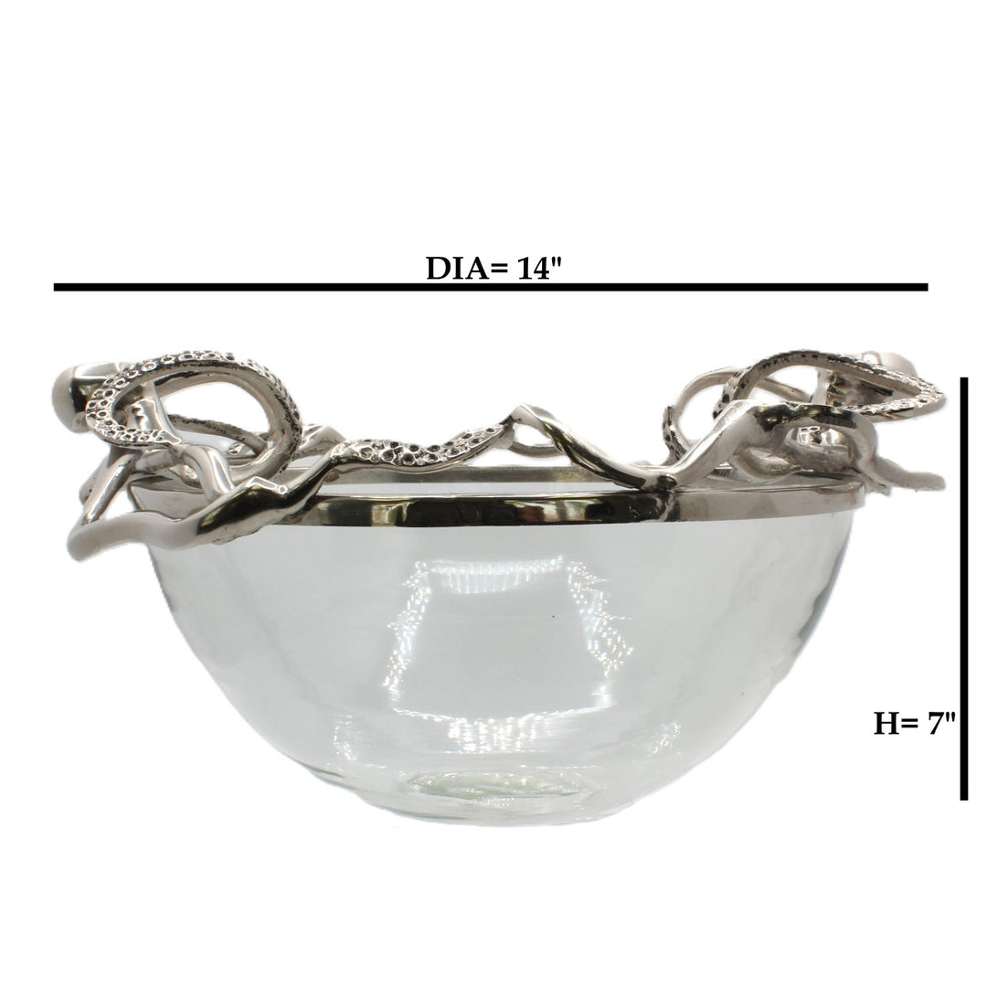 Clear glass bowl with silver decorative octopus | Aluminum | 310011
