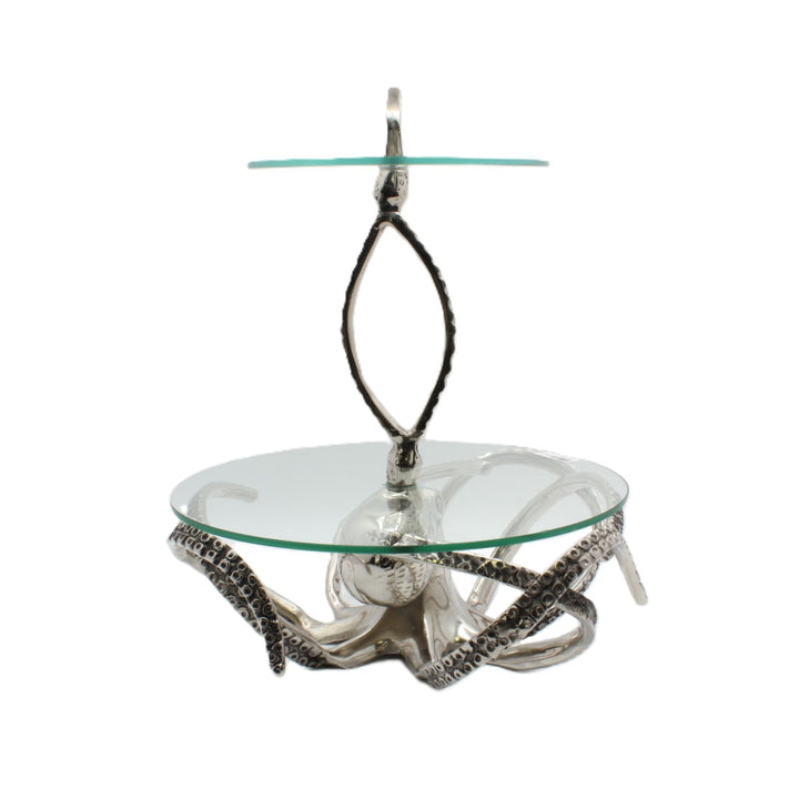 Two-tiered glass serving tray with decorative metal base |Aluminum | 310007