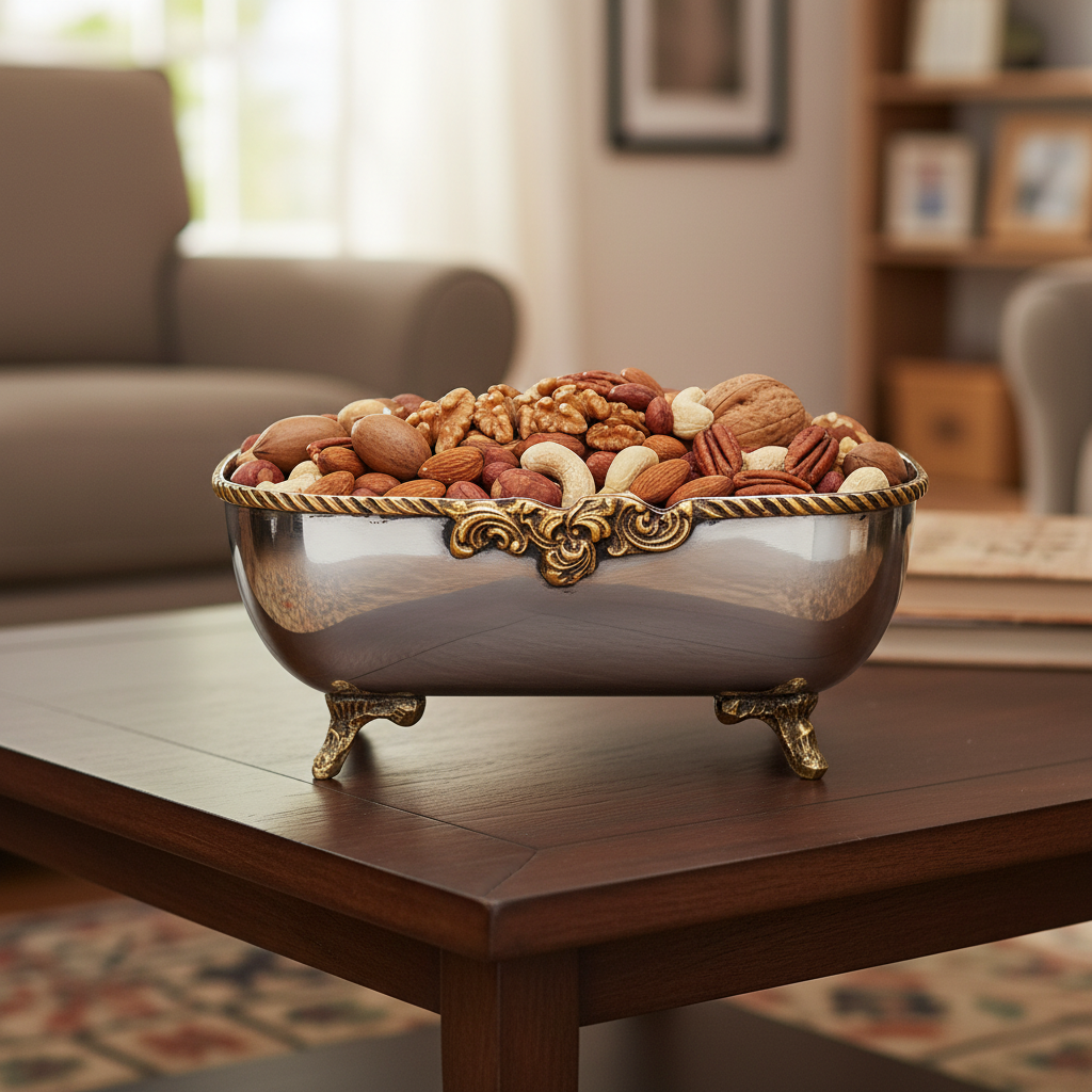 A silver bowl with ornate gold details, filled with assorted nuts.
