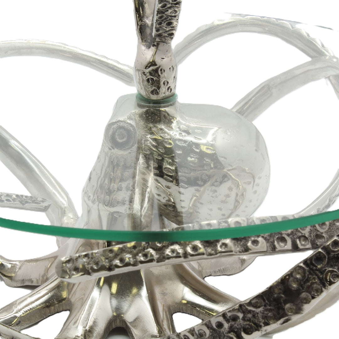 Two-tiered glass serving tray with decorative metal base |Aluminum | 310007