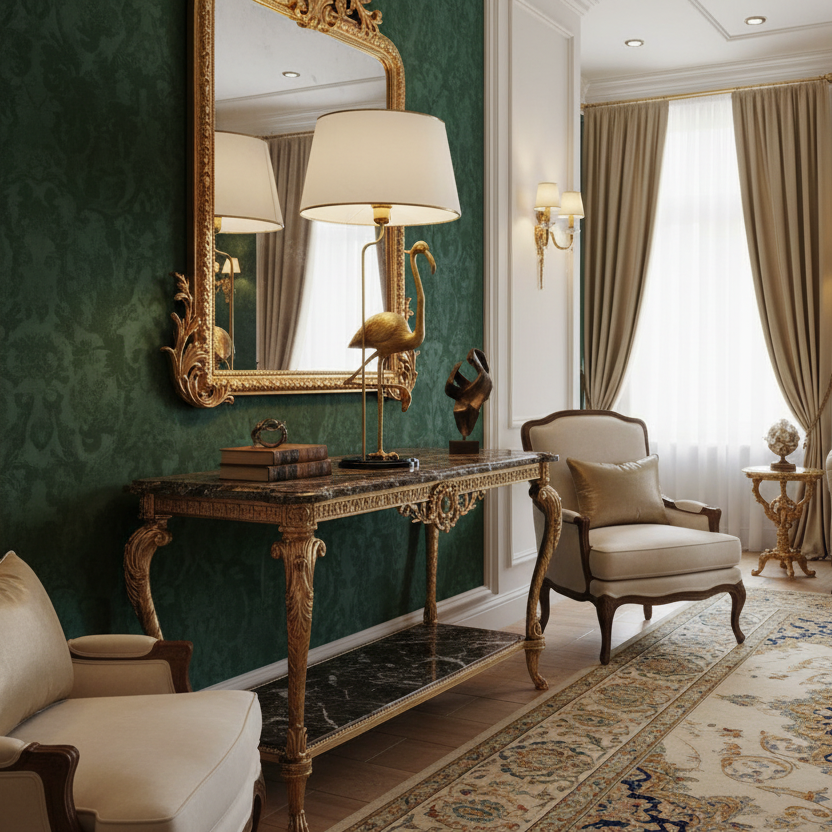 Living room with ornate green wallpaper, a gold-framed mirror, and more.