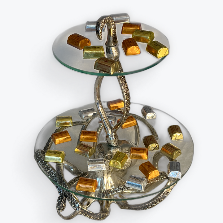 Two-tiered glass serving tray with decorative metal base |Aluminum | 310007