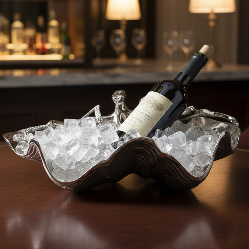 Wine bottle in a bowl of ice on a bar counter with blurred background