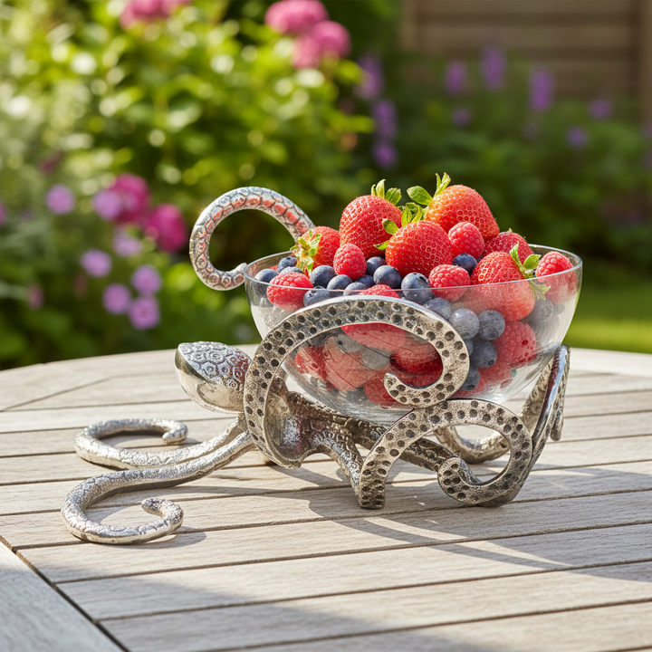 Decorative silver octopus bowl filled with strawberries and blueberries 