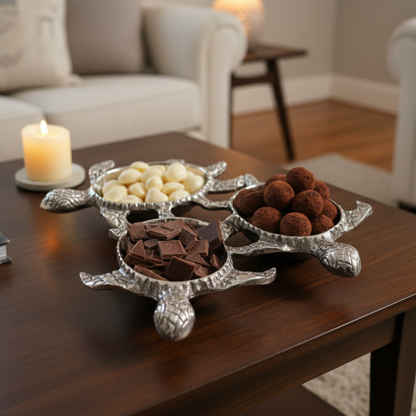 Three silver turtle-shaped coasters | Aluminum | 310004