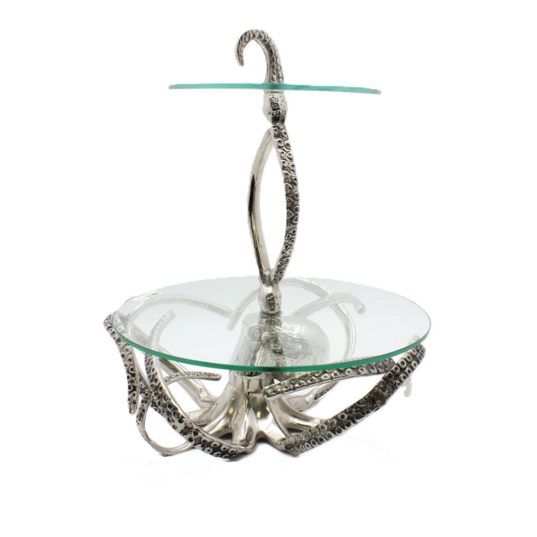 Two-tiered glass serving tray with decorative metal base |Aluminum | 310007