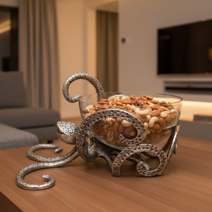 Decorative glass bowl with metal octopus design | Aluminum | 310010