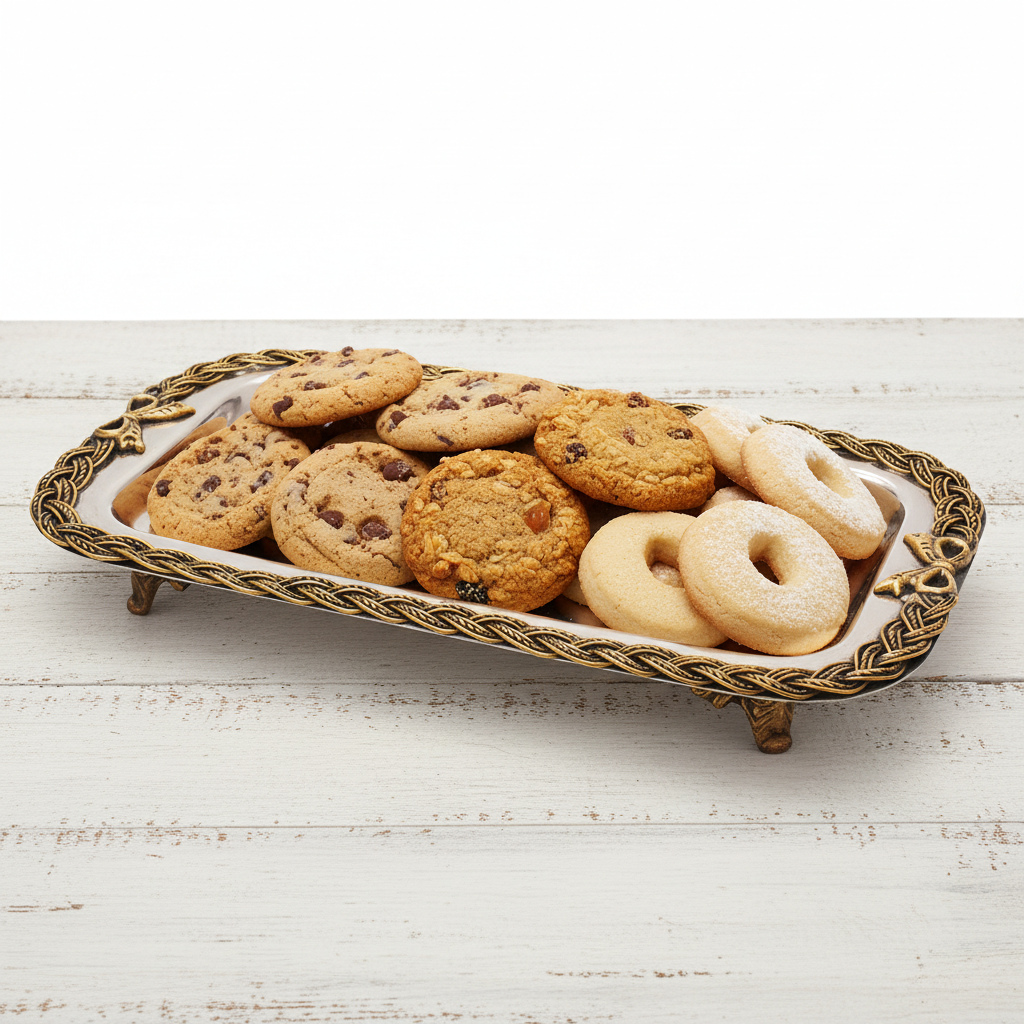 A tray with chocolate chip cookies, oatmeal raisin, and powdered sugar biscuits.