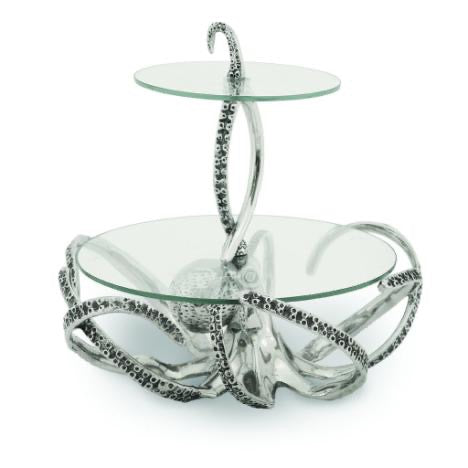 Two-tiered glass serving tray with decorative metal base |Aluminum | 310007