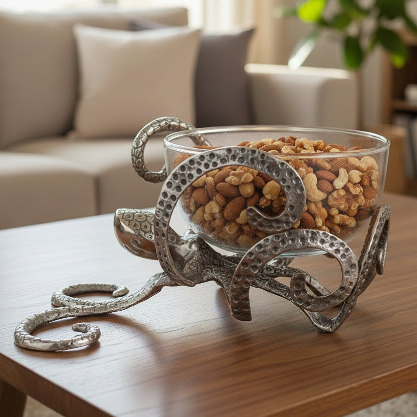 Decorative glass bowl with metal octopus design | Aluminum | 310010