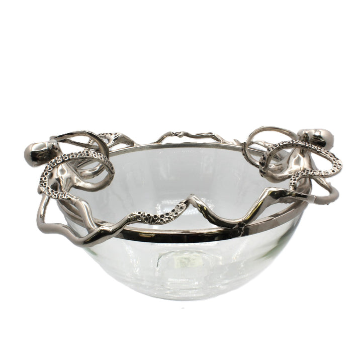Clear glass bowl with silver decorative octopus | Aluminum | 310011