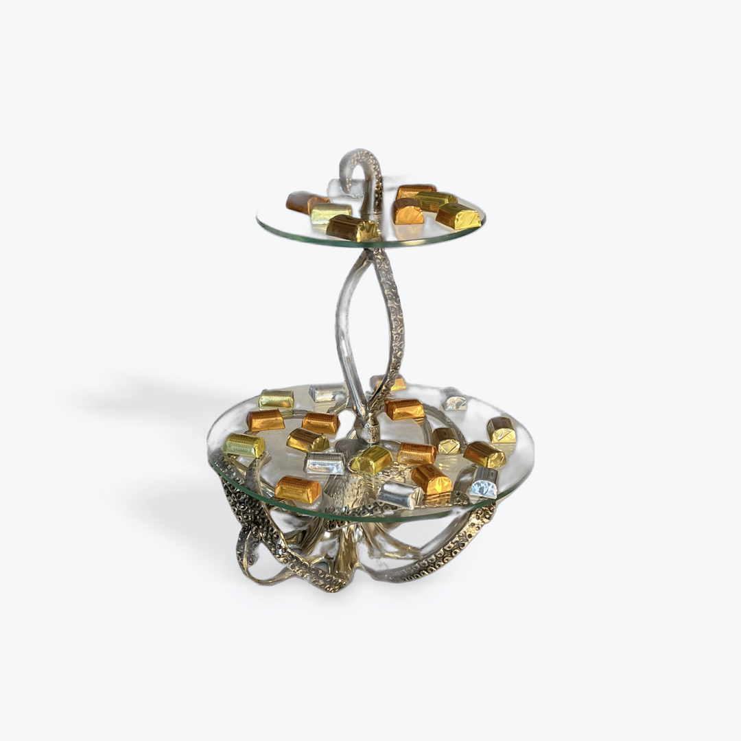 Two-tiered glass serving tray with decorative metal base |Aluminum | 310007
