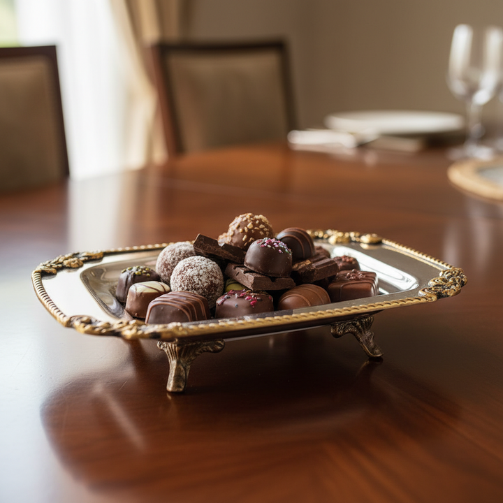A decorative tray with assorted chocolates.