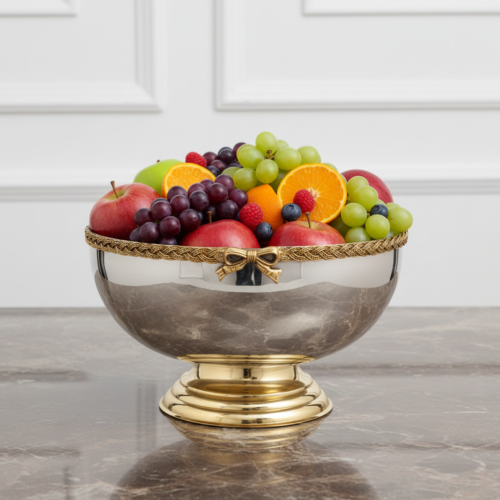A silver and gold bowl filled with apples, grapes, oranges, and berries.