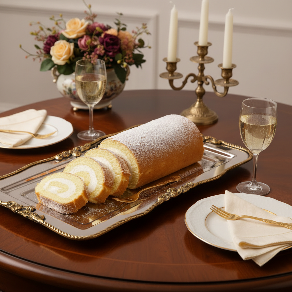 Elegant dining setting with a sliced Swiss roll on a decorative tray.